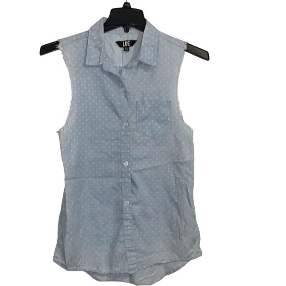 Sleeveless Polka Dot Button-Up Shirt By Lue  Light Blue With Frayed Armholes  M